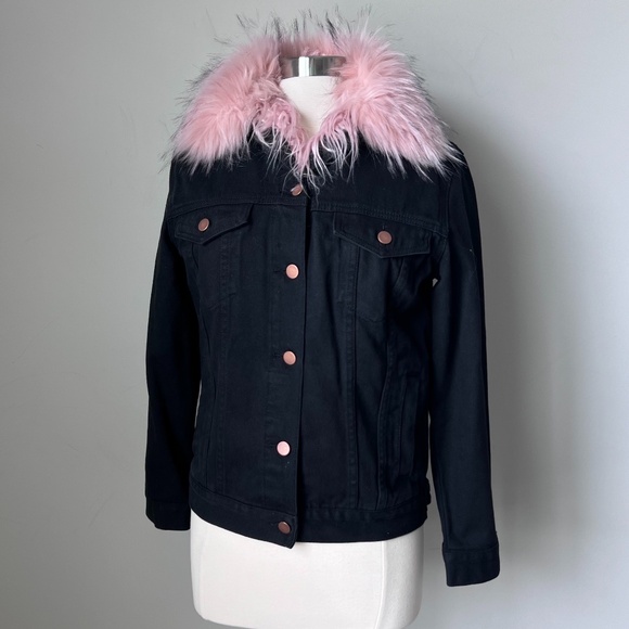 Shaci Fur Jacket Black Jean Jacket Pink Faux Fur - Picture 2 of 16